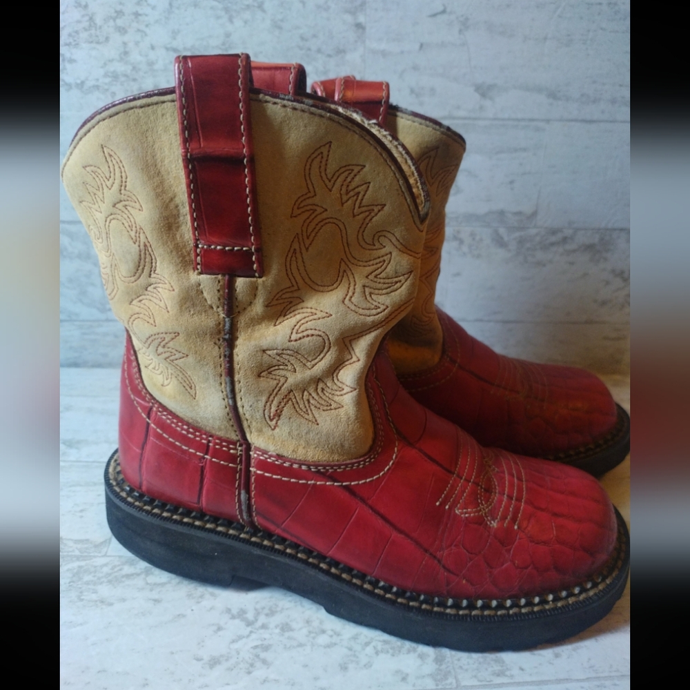 Ariat FatBaby Alligator Print Red and Cream Suede Leather youth size 3 Cowgirlbo - Picture 8 of 12